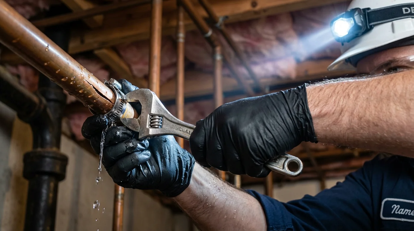 Emergency pipe clamp repair being performed by a Johns Plumbing LLC plumber in Burkburnett