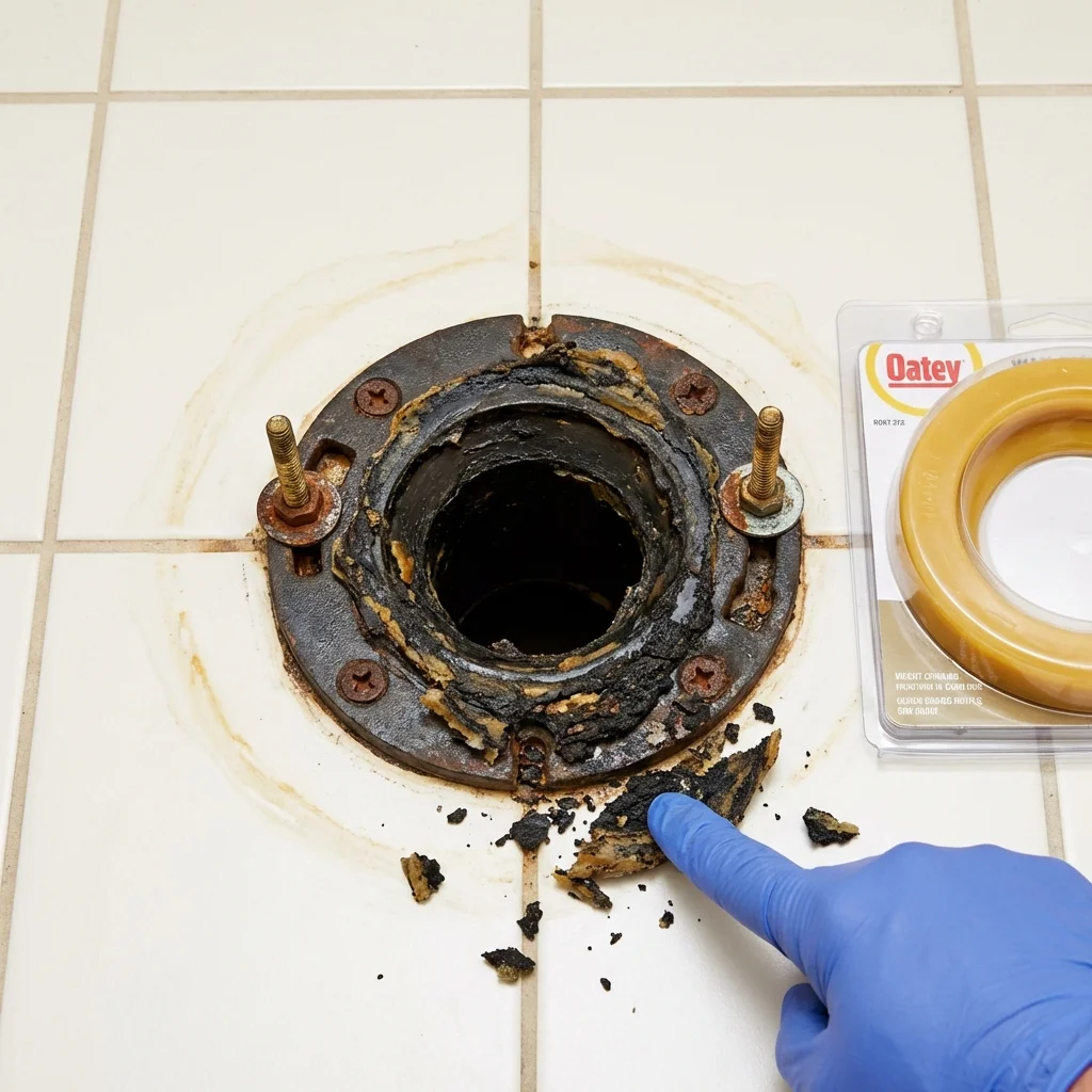 Failed wax ring showing water seepage at the base of a toilet in a Burkburnett, TX home