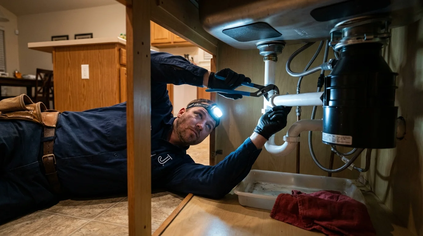 P-trap and supply line connections under a kitchen sink showing a common leak point in Burkburnett, TX